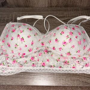PINK Victoria's Secret Floral Lace Bralette - White and Pink